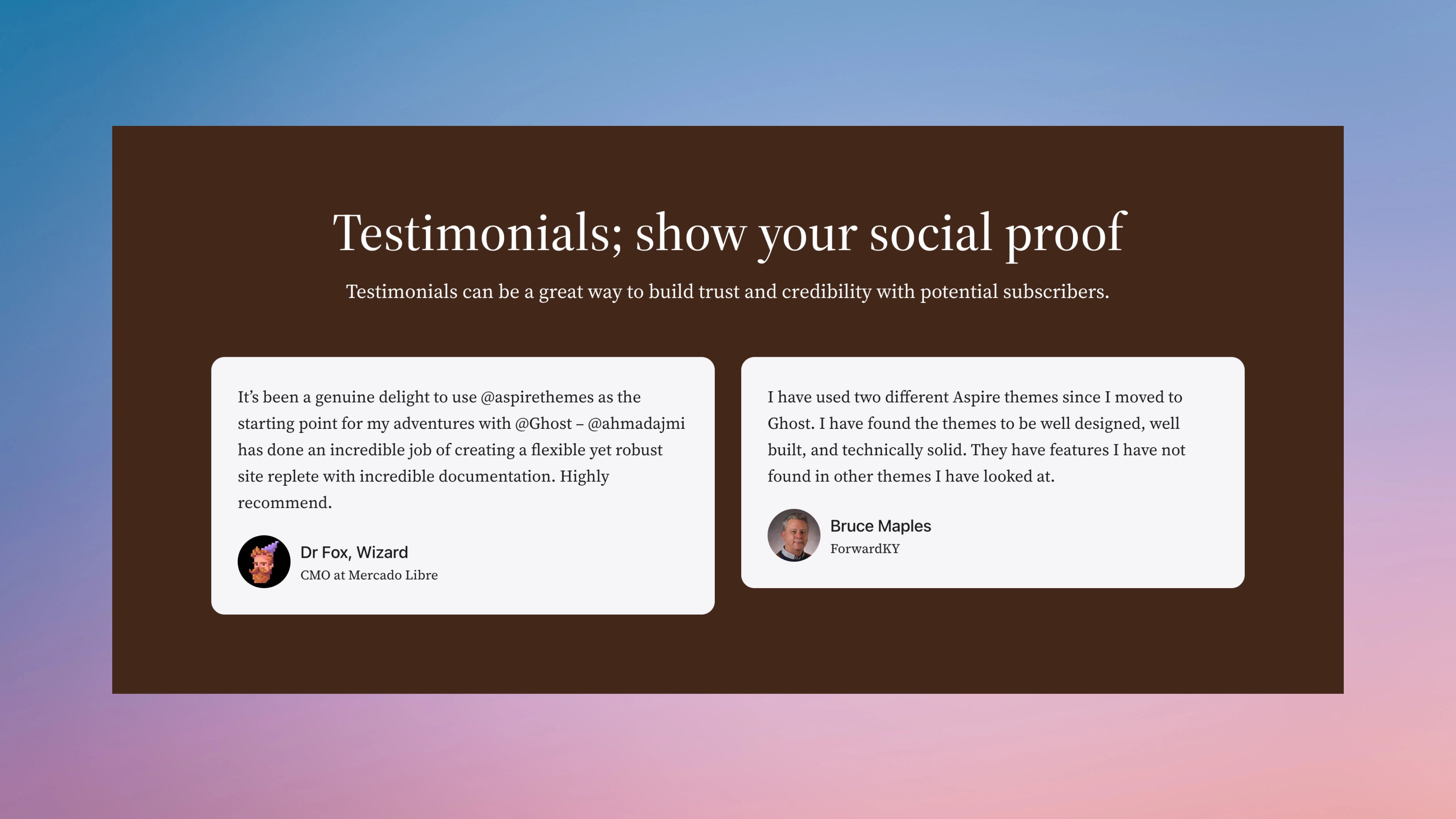 Moshi Ghost Theme Testimonials section